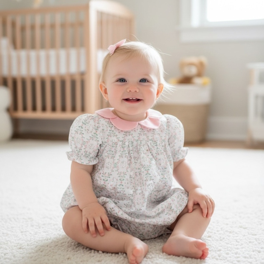Sweet Floral Baby Bubble Romper with Pink Peter Pan Collar